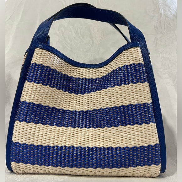 Kate Spade “Knott” classic woven blue and ivory striped satchel / crossbody